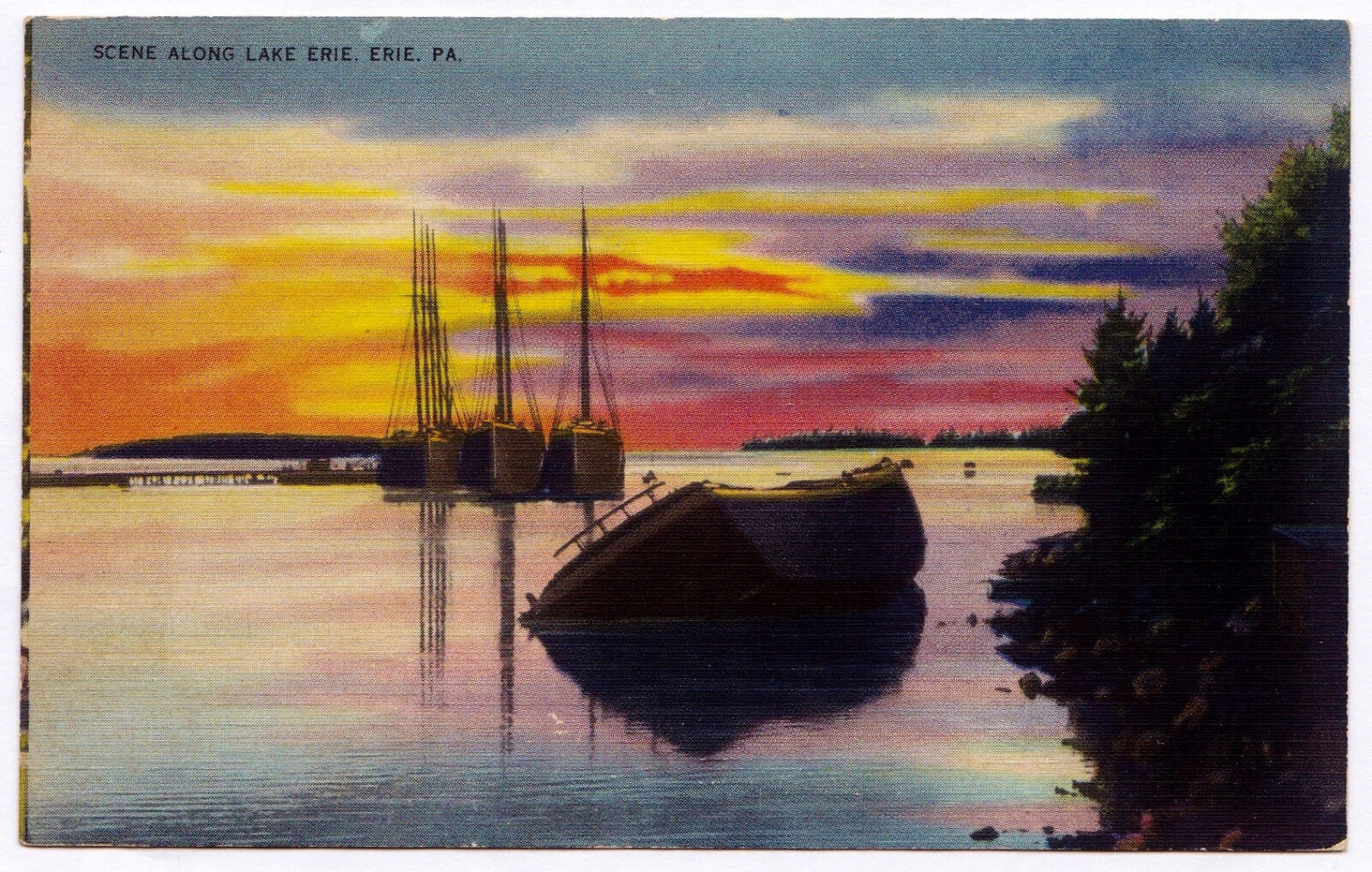 1930-45 Erie PA Scene Along Lake Erie Postcard Capsized Boat Ships Night Sunset 1930-45 Erie PA Scene Along Lake Erie Postcard Capsized Boat Ships Night Sunset