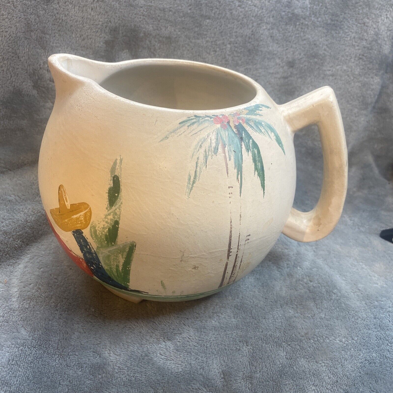 Vintage RANSBURG Stoneware POTTERY PITCHER Mexico scene handpainted