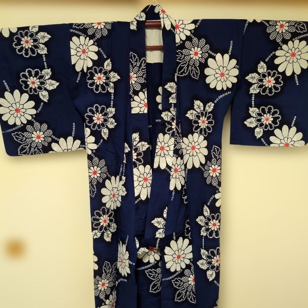 Women\'s Yukata, Navy Blue with Chrysanthemum Pattern, Length 152cm