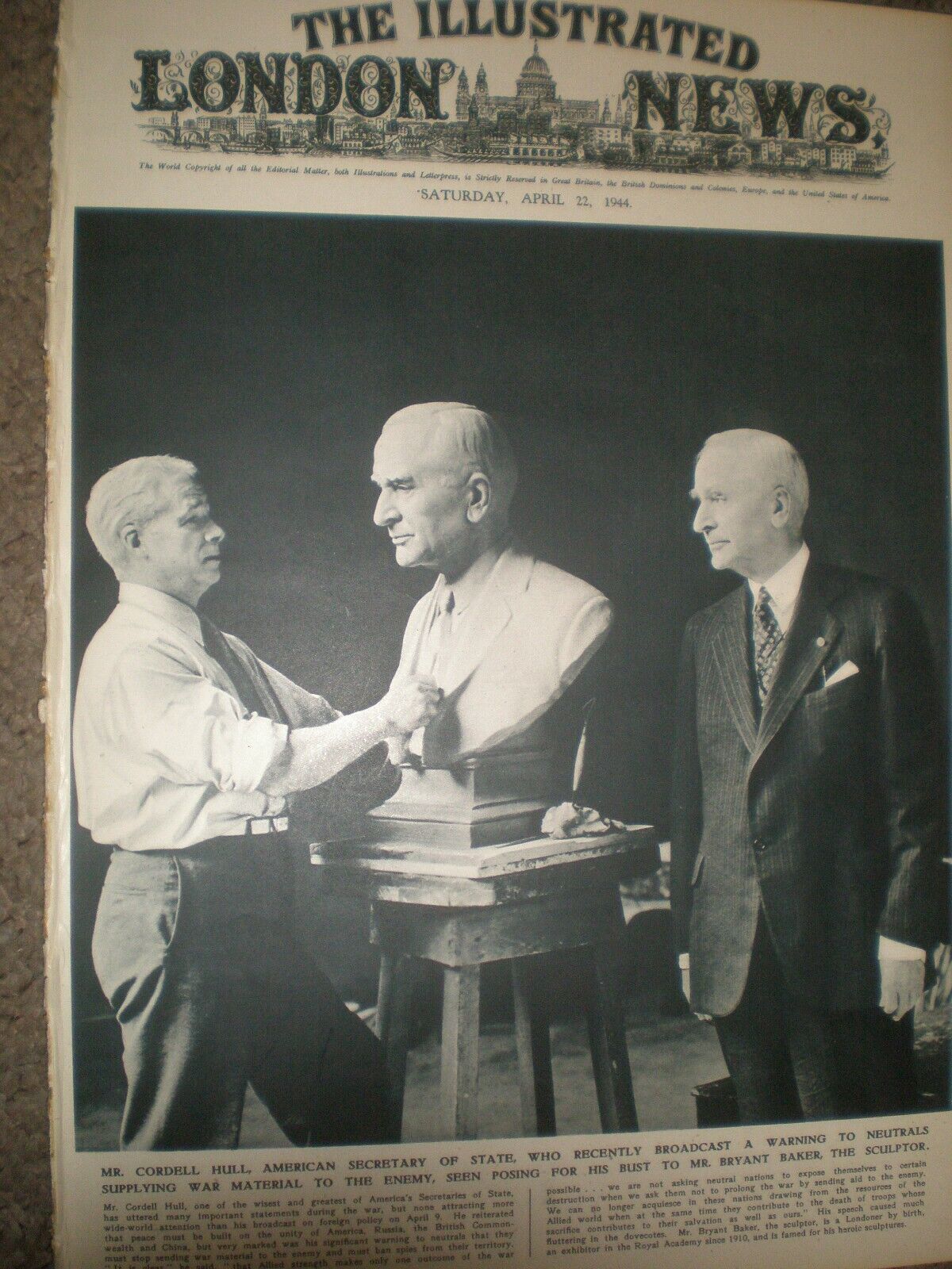 Photo article Sculptor Bryant baker with Cordell Hull 1944 ref Ao