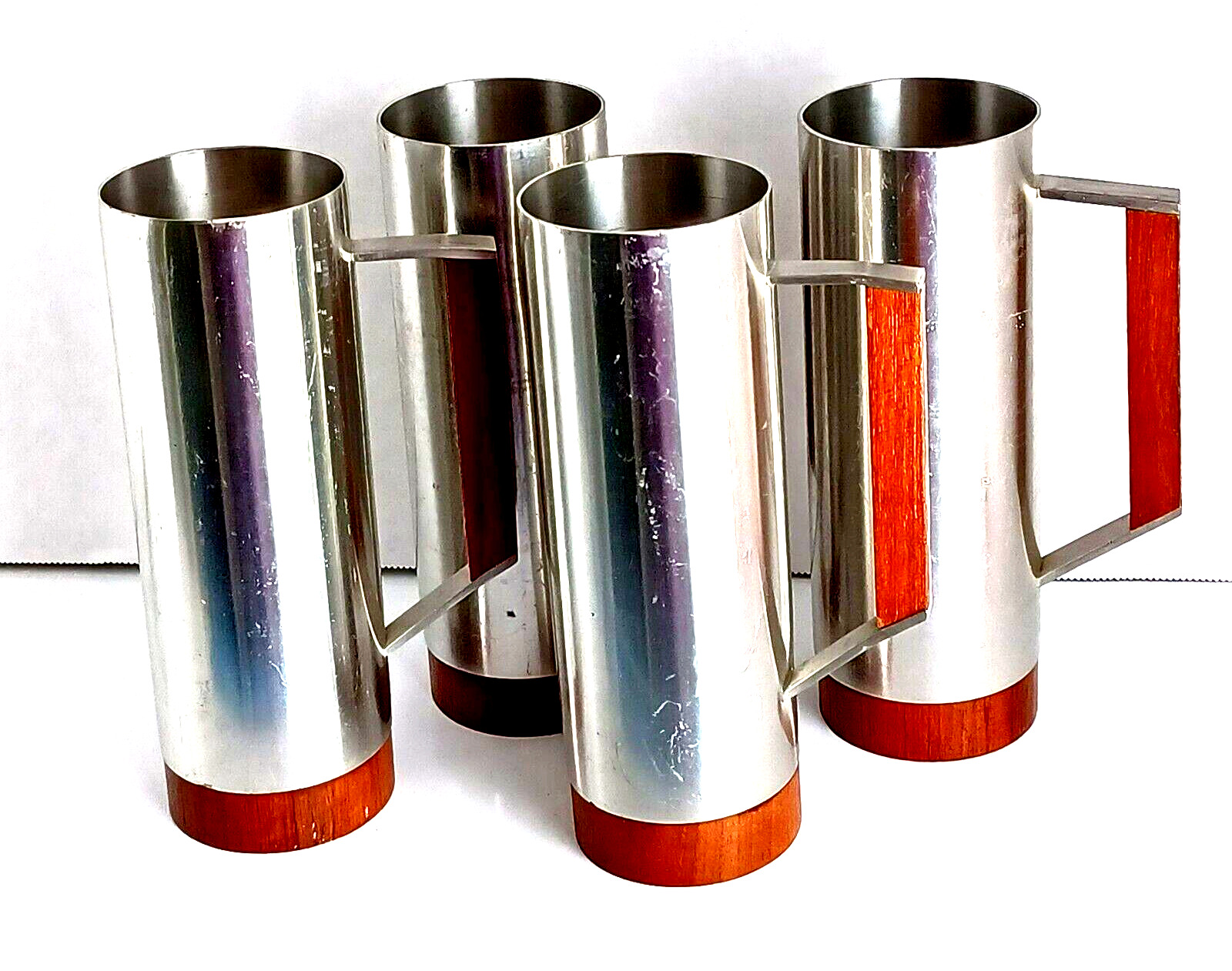 1946-49 Vintage Siam Pewter Mugs Cups Teak Wood Handles Lot of Four Tall Thin