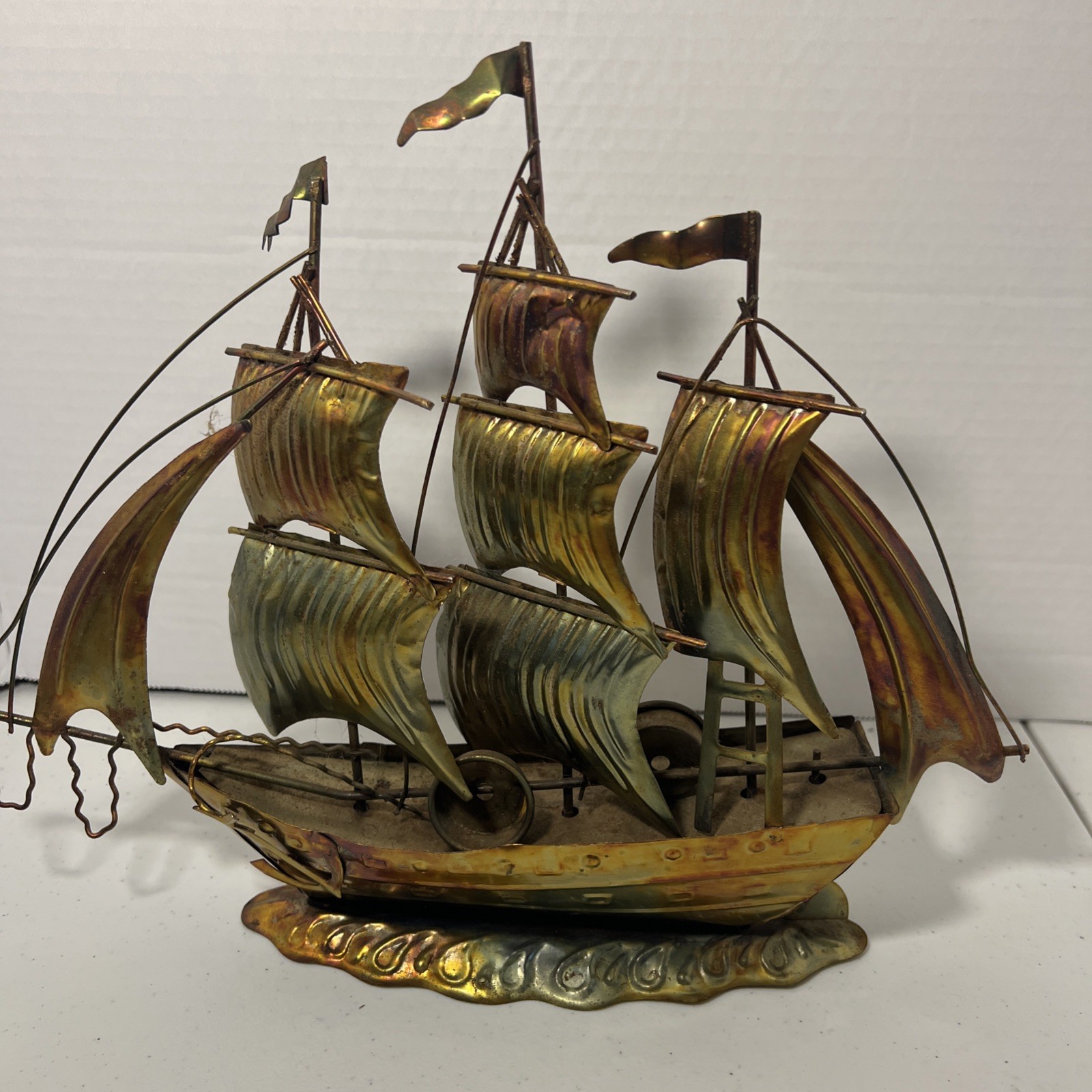 VINTAGE TIN METAL SAILING SHIP 3 MAST HONG KONG NAUTICAL BRUTALIST GOLD COPPER