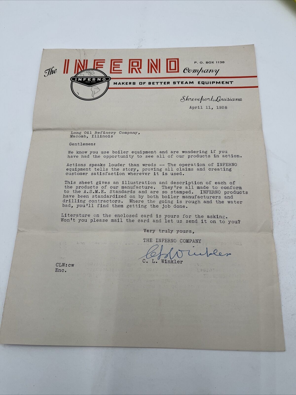 Vintage 1938 Long Oil Refinery Co Macomb Illinois Letter From The Inferno Co. La