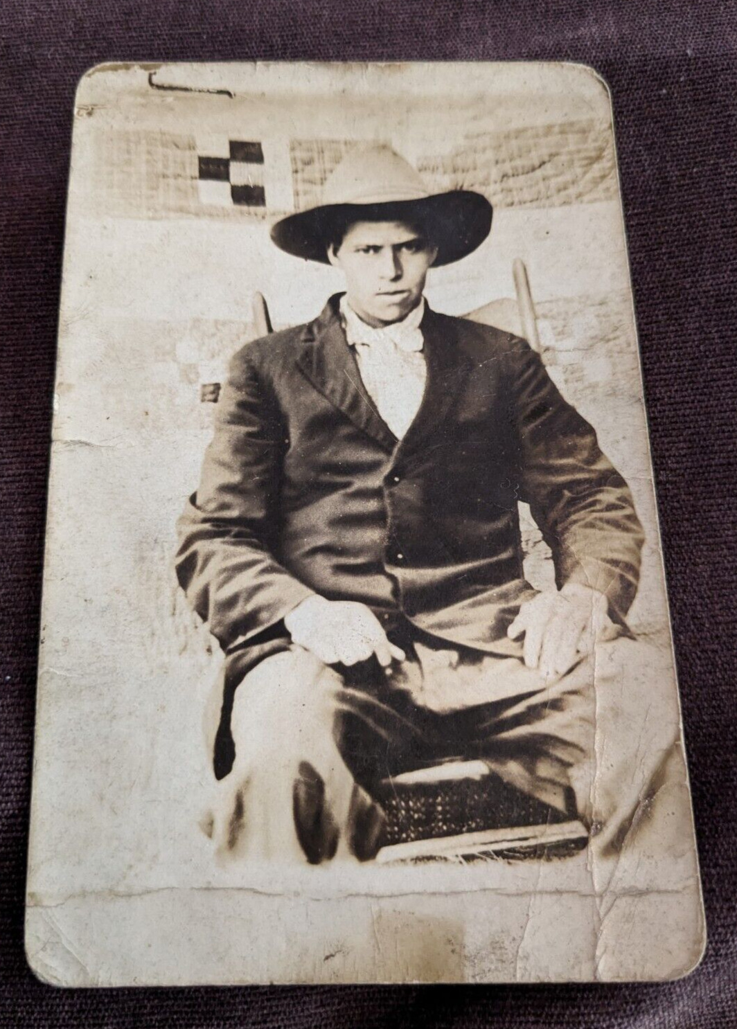Vintage  RPPC - Divided Back - Cowboy in Front of Quilt - Unposted