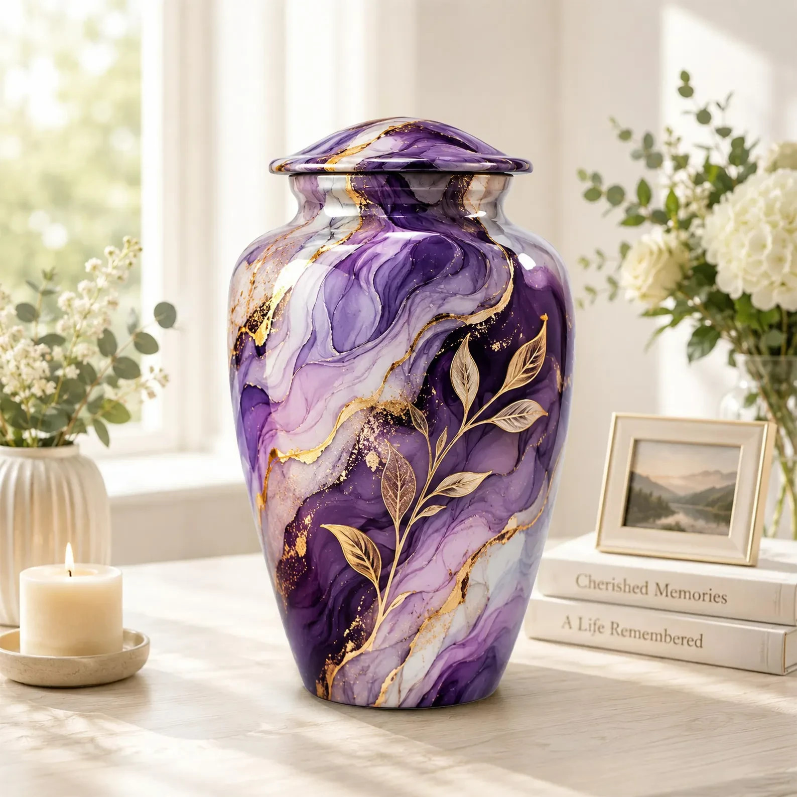 Purple Abstract Cremation Urn for Human Ashes 10inch ship by fedex Fast shipping