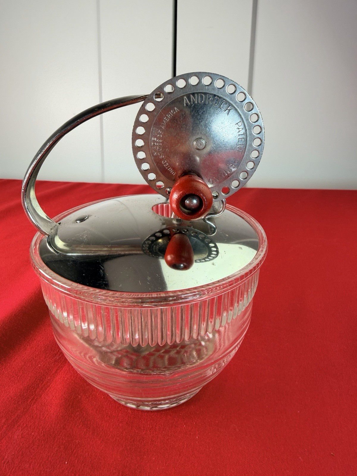 Vtg 1930s Androck Hand Crank Egg Beater Cream Whipper Ribbed Glass Jar