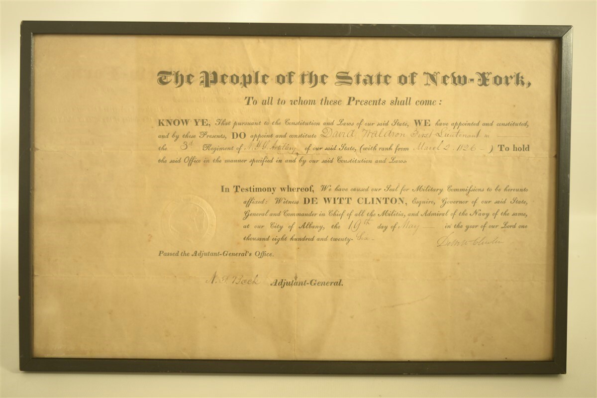 Antique DeWITT CLINTON Signed Military Appointment 1826 N.F. Beck New York Antique DeWITT CLINTON Signed Military Appointment 1826 N.F. Beck New York