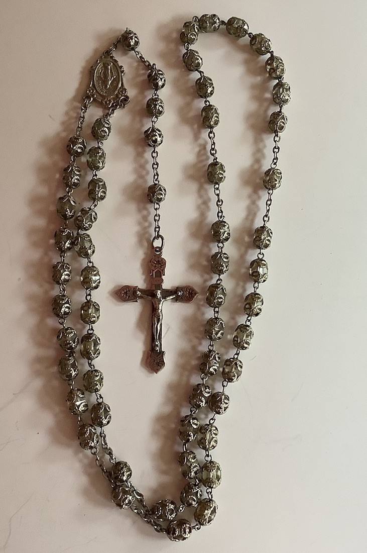 Vtg Sterling Silver Crucifix Clear Crystal Filigree Cage Rosary Beads Italy 28”L