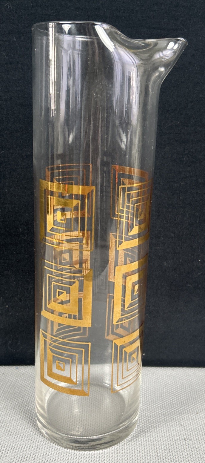 ​Vintage Culver Golden Key 22k Gold Geometric Maze Cocktail Pitcher MCM Glass