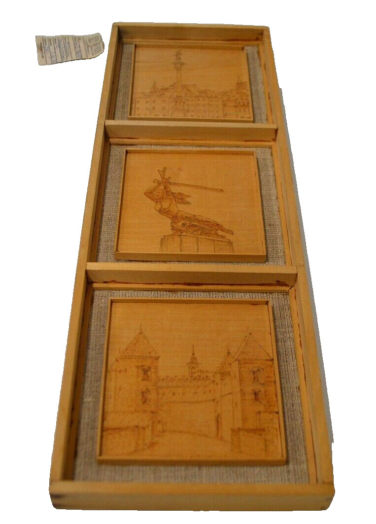 Vintage Polish Wood Pyrography Framed Picture Set Cepelia Poland Landmarks