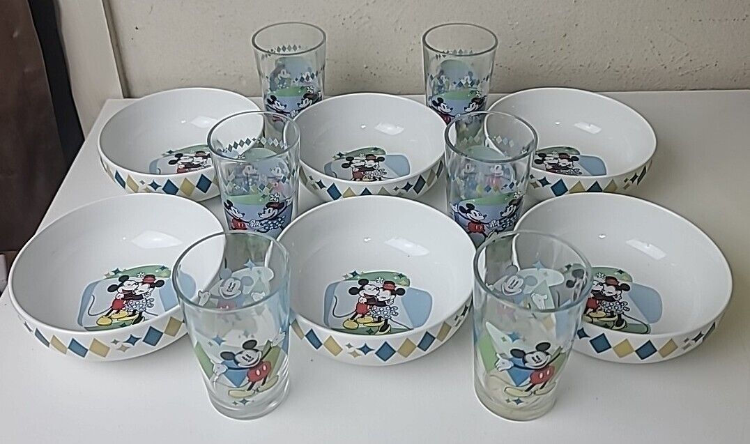 Vtg 6 Place Settings Atomic Disney Mickey & Minnie Mouse Glasses/Bowls Gibson