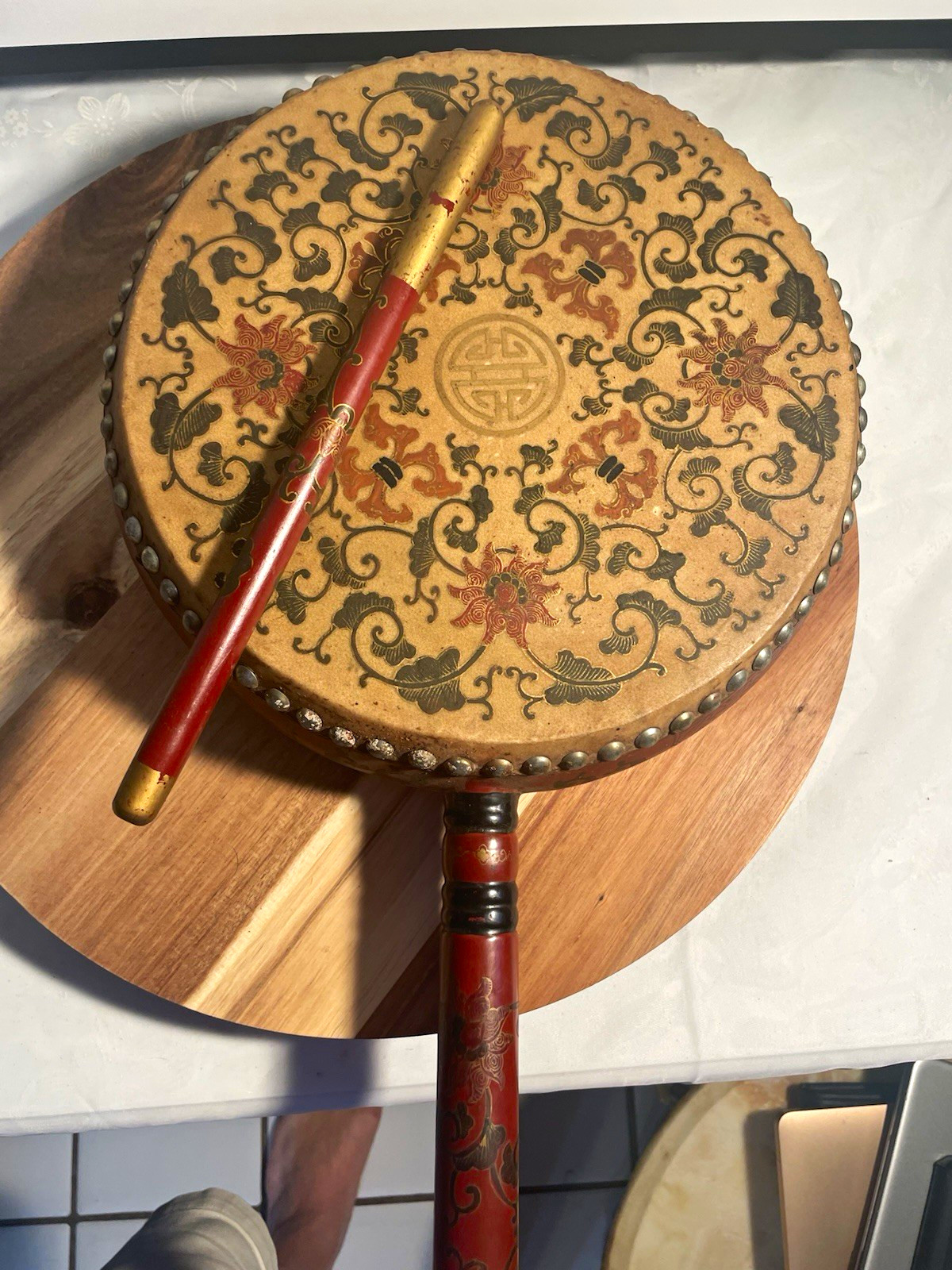 Vintage Tibetan Buddhist Lag Rnga Ritual Drum Double Sided Painted w/ Beater