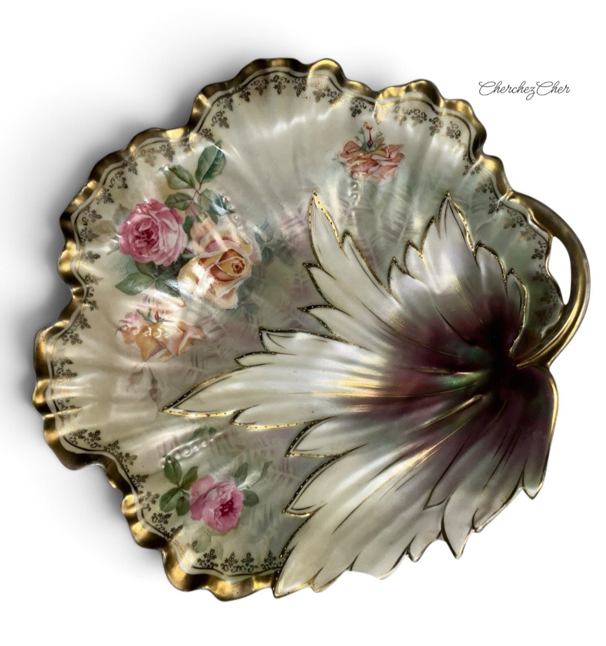Antique RS Prussia Green/Red Wreath Mark Leaf / Floral Dish Bowl Gold Gilt READ Antique RS Prussia Green/Red Wreath Mark Leaf / Floral Dish Bowl Gold Gilt READ