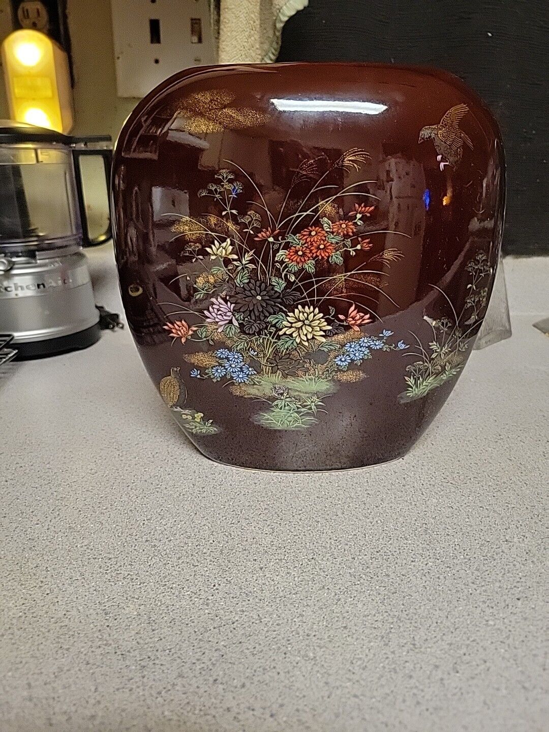 Vintage 1970s Japanese Otigari Oriental Flat Brown Ceramic Vase With Gold...