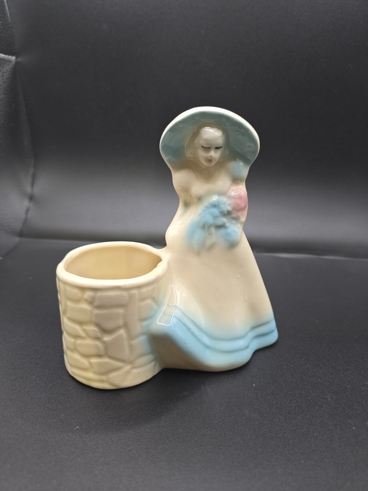 Beautiful Shawnee Vintage Ceramic Lady in Hat & Dress at Well Planter 1950s