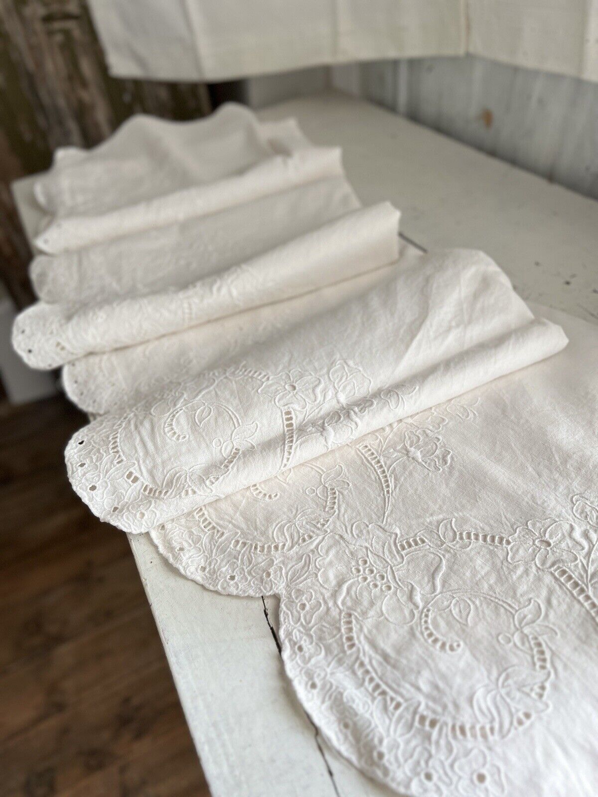 SET vintage French EMBROIDED linen cotton sheet OPENWORKS & 2 PILLOW SHAMS c1950