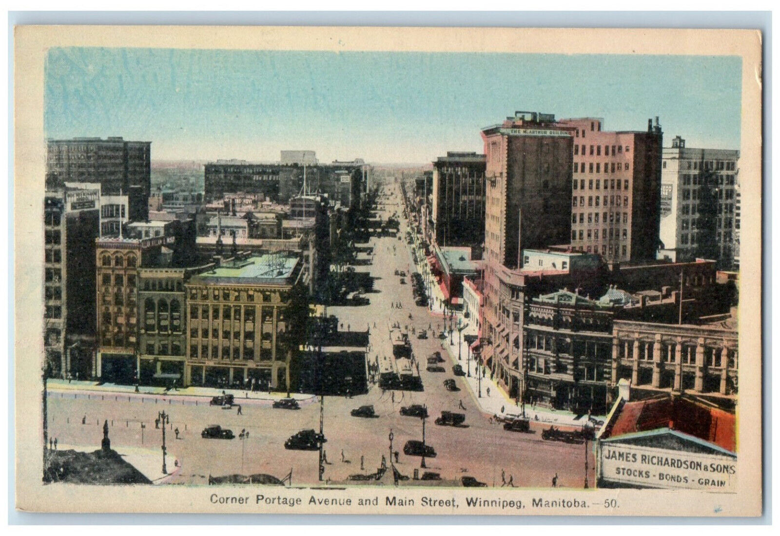 Winnipeg Manitoba Canada Postcard Corner Portage Avenue Main Street c1940\'s