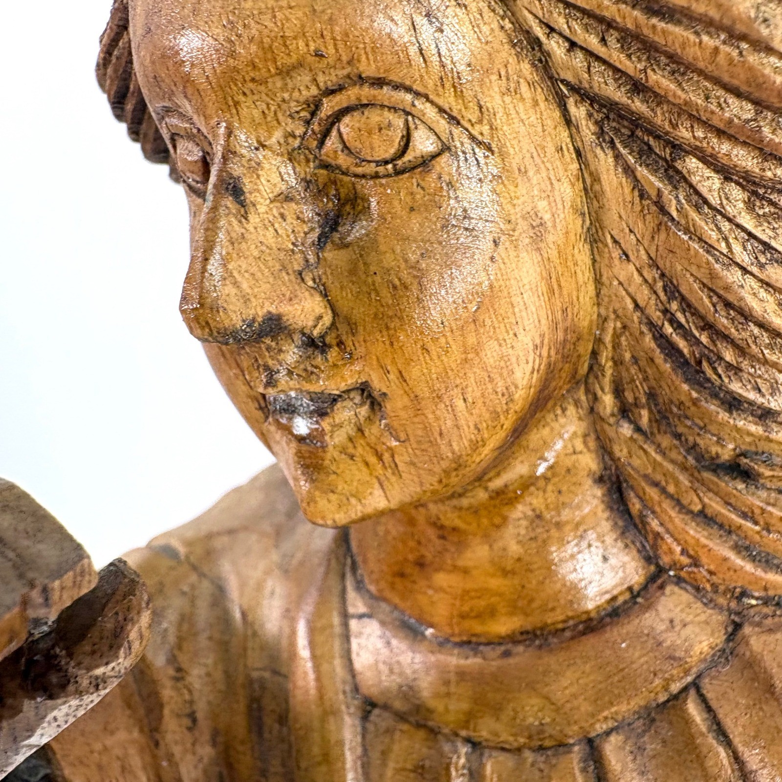 Vintage Santos Angel Hand Carved Wood Religious Folk Art Figure Brown 19.5 In