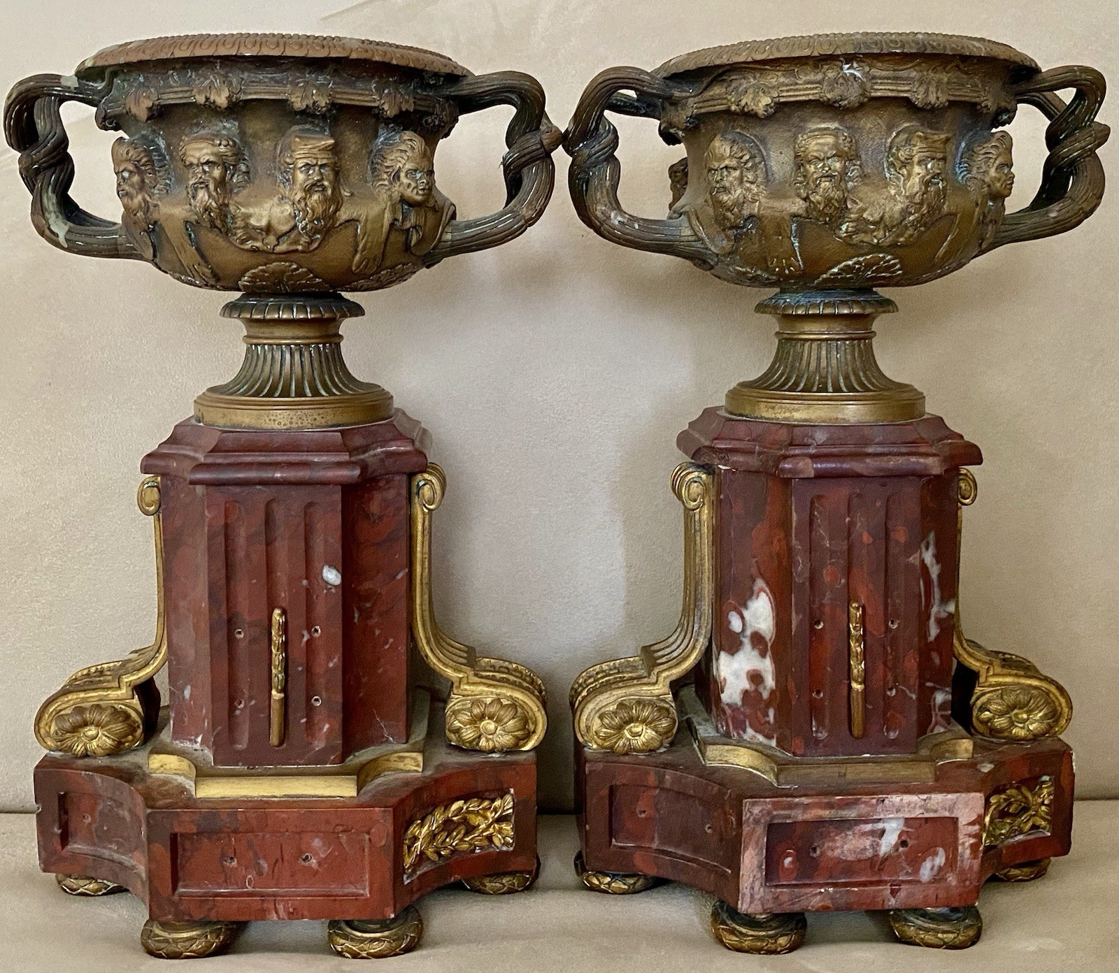 Pair French Empire Bronze Ormolu & Rouge Marble Warwick Vases Urns, c. 1805–1825