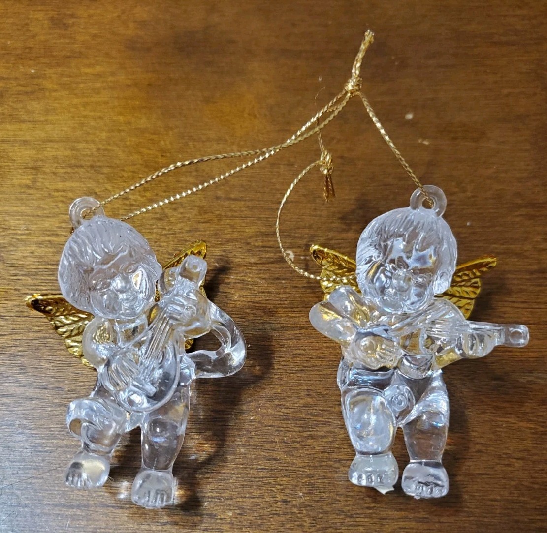 Vintage Acrylic Angel Christmas Ornaments Clear Cherubs with Instrument Lot Of 2