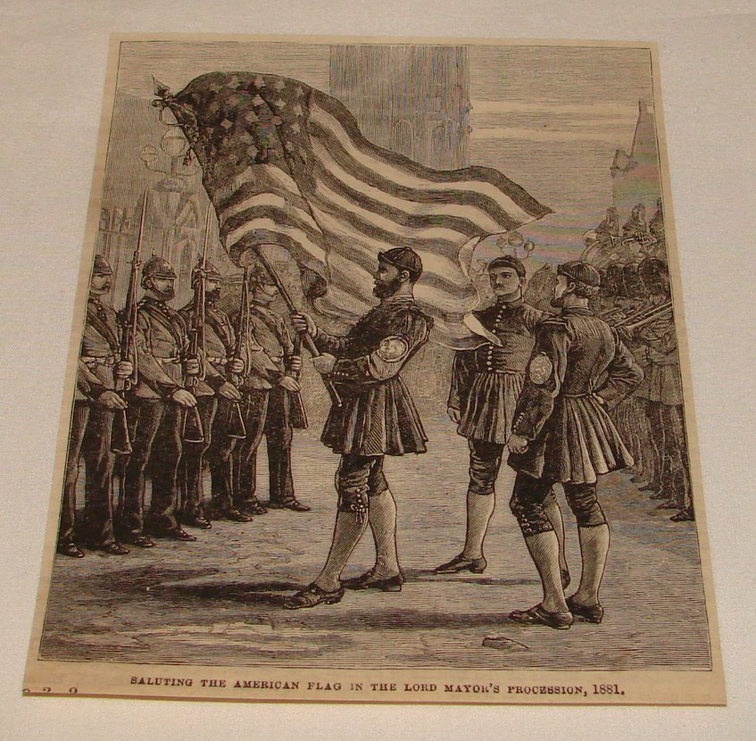 1882 magazine engraving ~ SALUTING THE AMERICAN FLAG 1882 magazine engraving ~ SALUTING THE AMERICAN FLAG