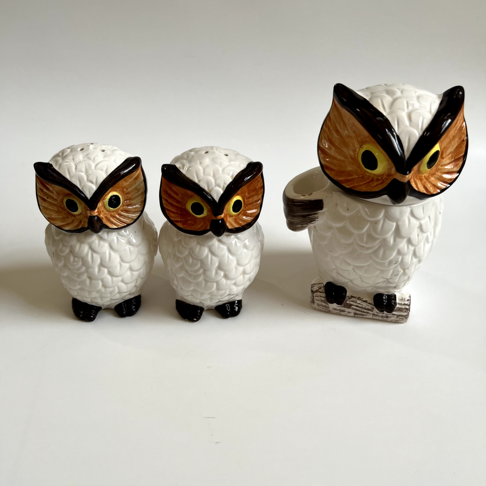 Ceramic Owl Salt & Pepper Shakers & Spoon Holder Vintage Lego Novelty Porcelain,