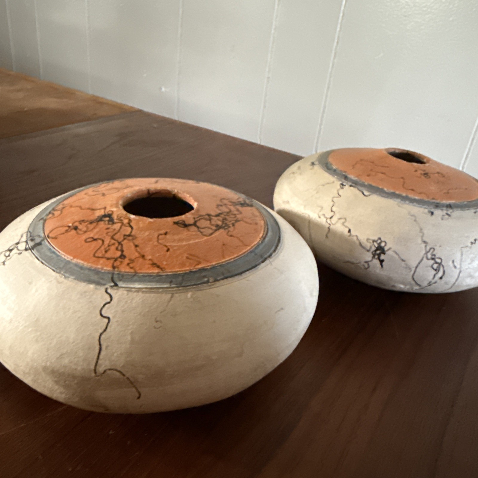 2 VINTAGE Horsehair Pottery Vase signed Native American Navajo Acoma Handmade