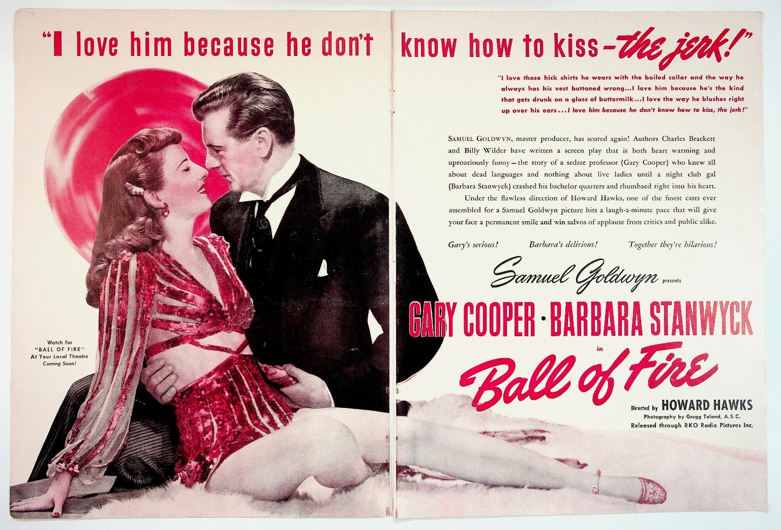 Ball of Fire Movie Ad Gary Cooper Barbara Stanwyck Vintage Ephemera Howard Hawks