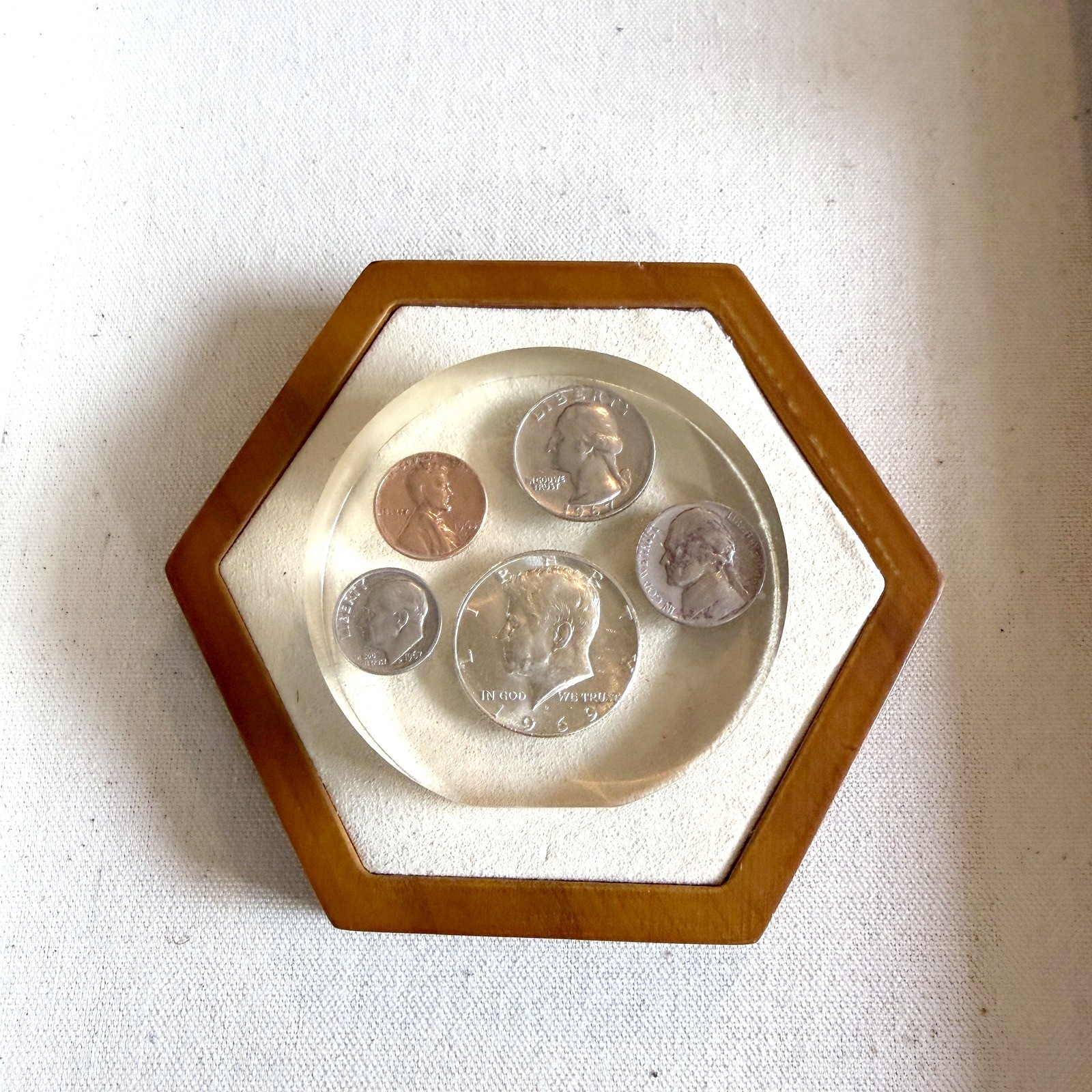 Vintage Lucite Paperweight Embedded US Coins Half Dollar Quarter Penny
