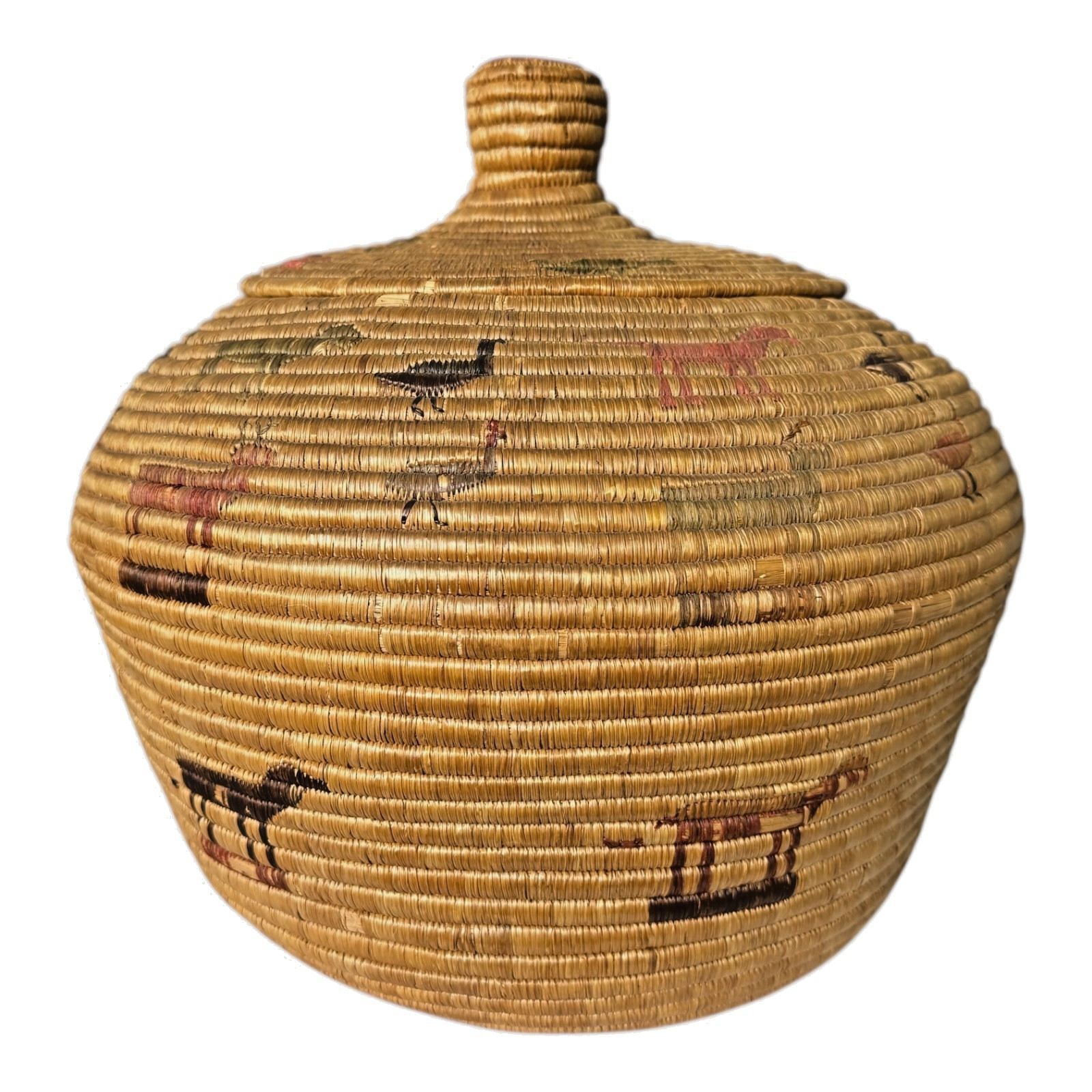 Antique Native American Coiled Lidded Grass Basket with Animal Figures Antique Native American Coiled Lidded Grass Basket with Animal Figures