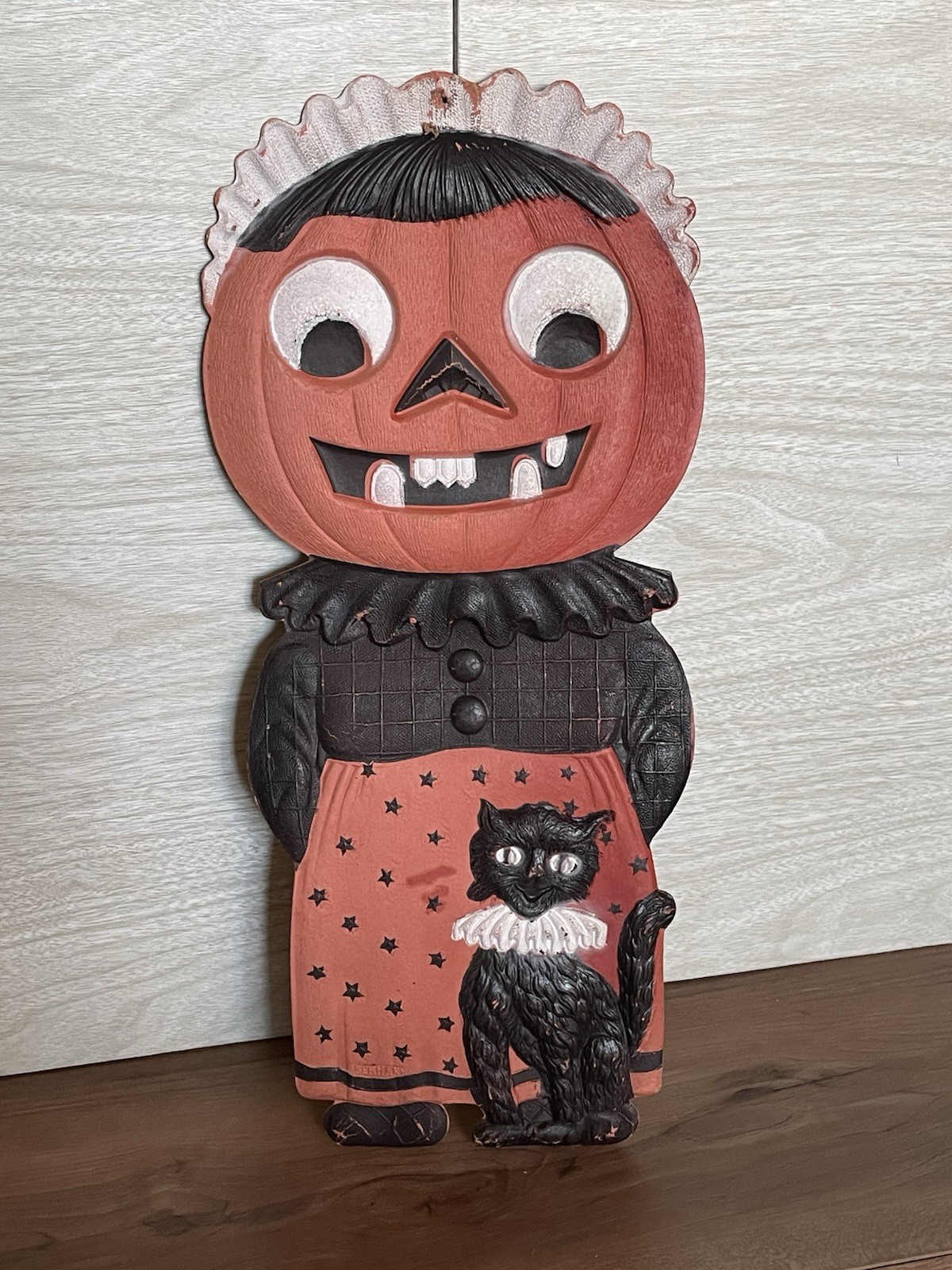 Antique 1920-30s Embossed Die Cut Pumpkin Lady Cat JOL Halloween German READ