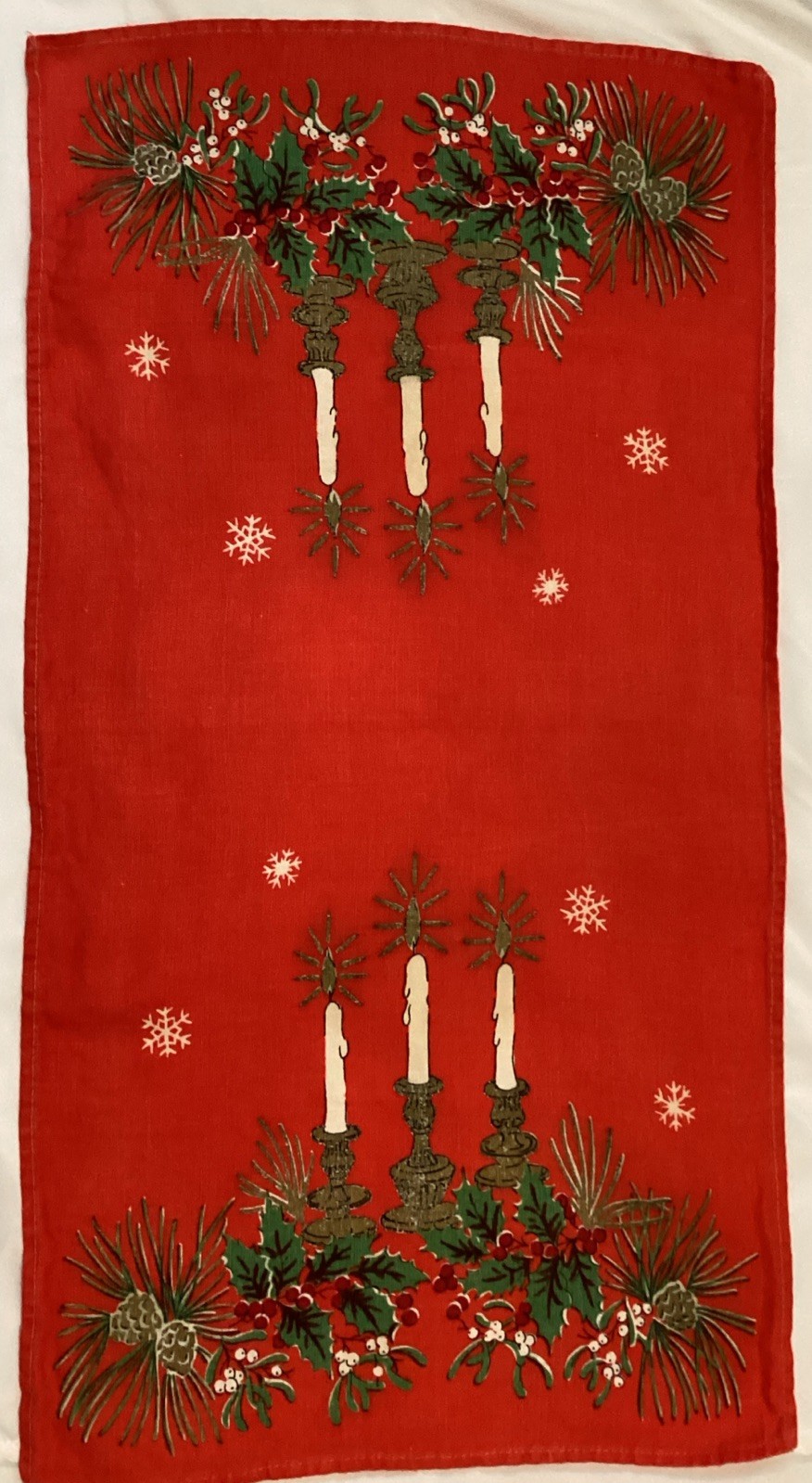 Vtg 40s 50s BELGIAN LINEN Tea Towel CANDLES HOLLY PINECONES SNOWFLAKES
