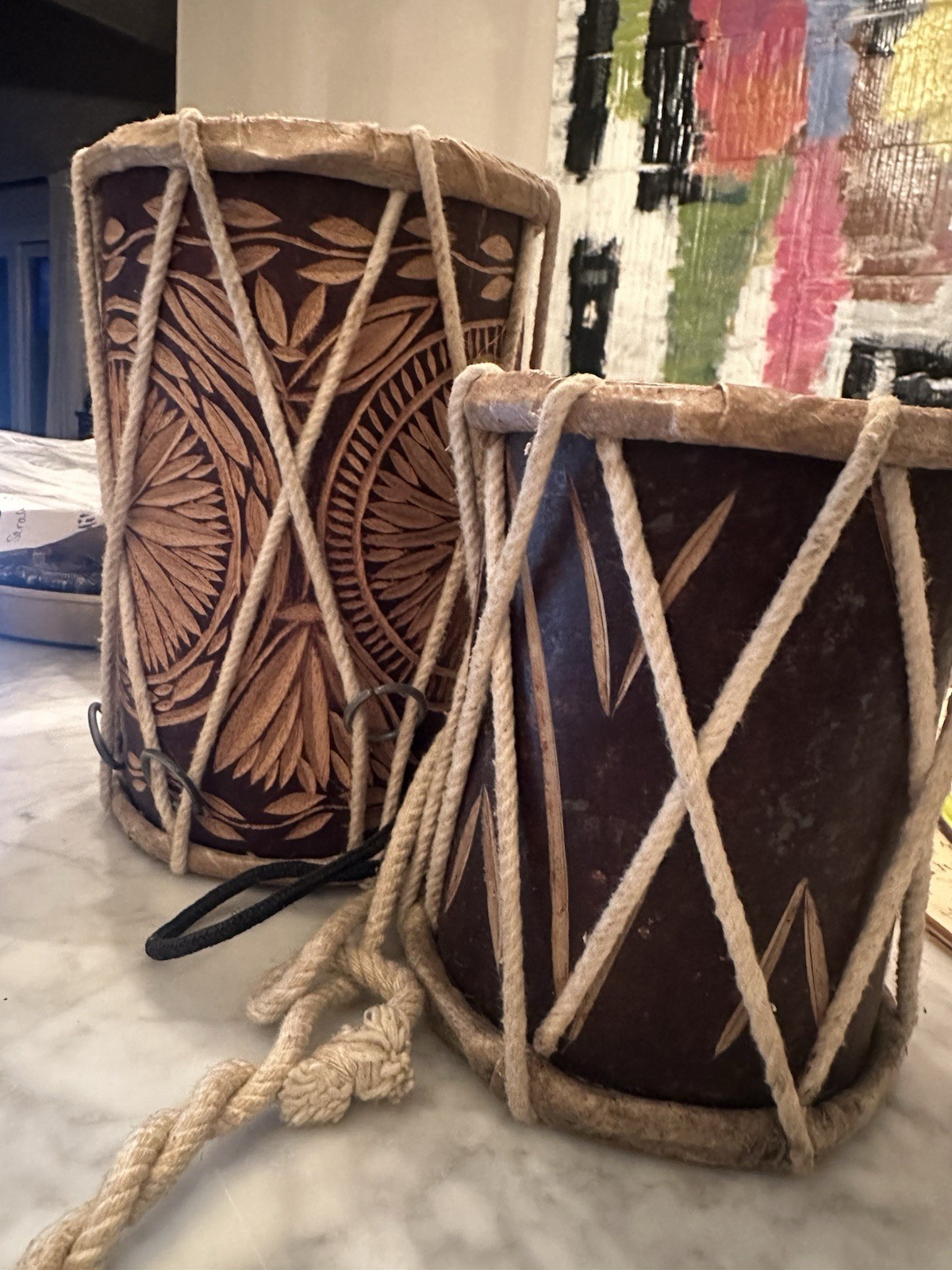 HANDCRAFTED CARVED DRUMS SET OF 2