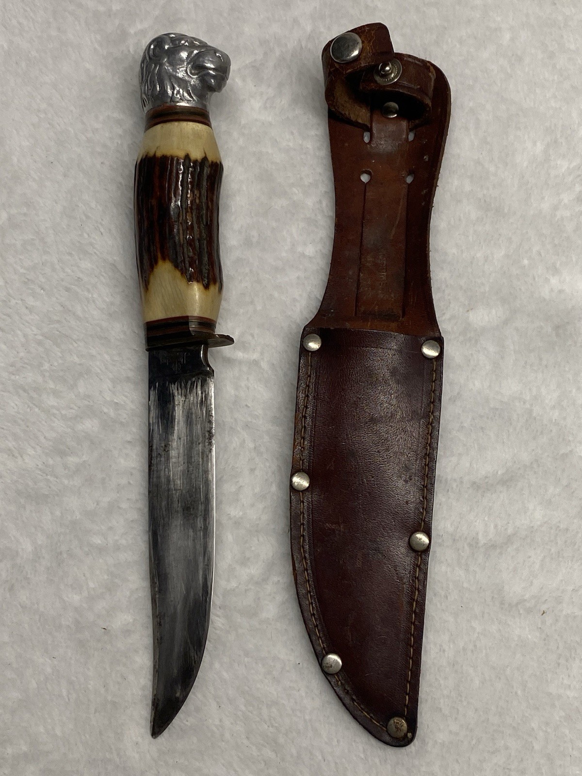 Vtg Hubertus Solingen Fixed Blade Stag Knife With Leather Sheath Made In Germany