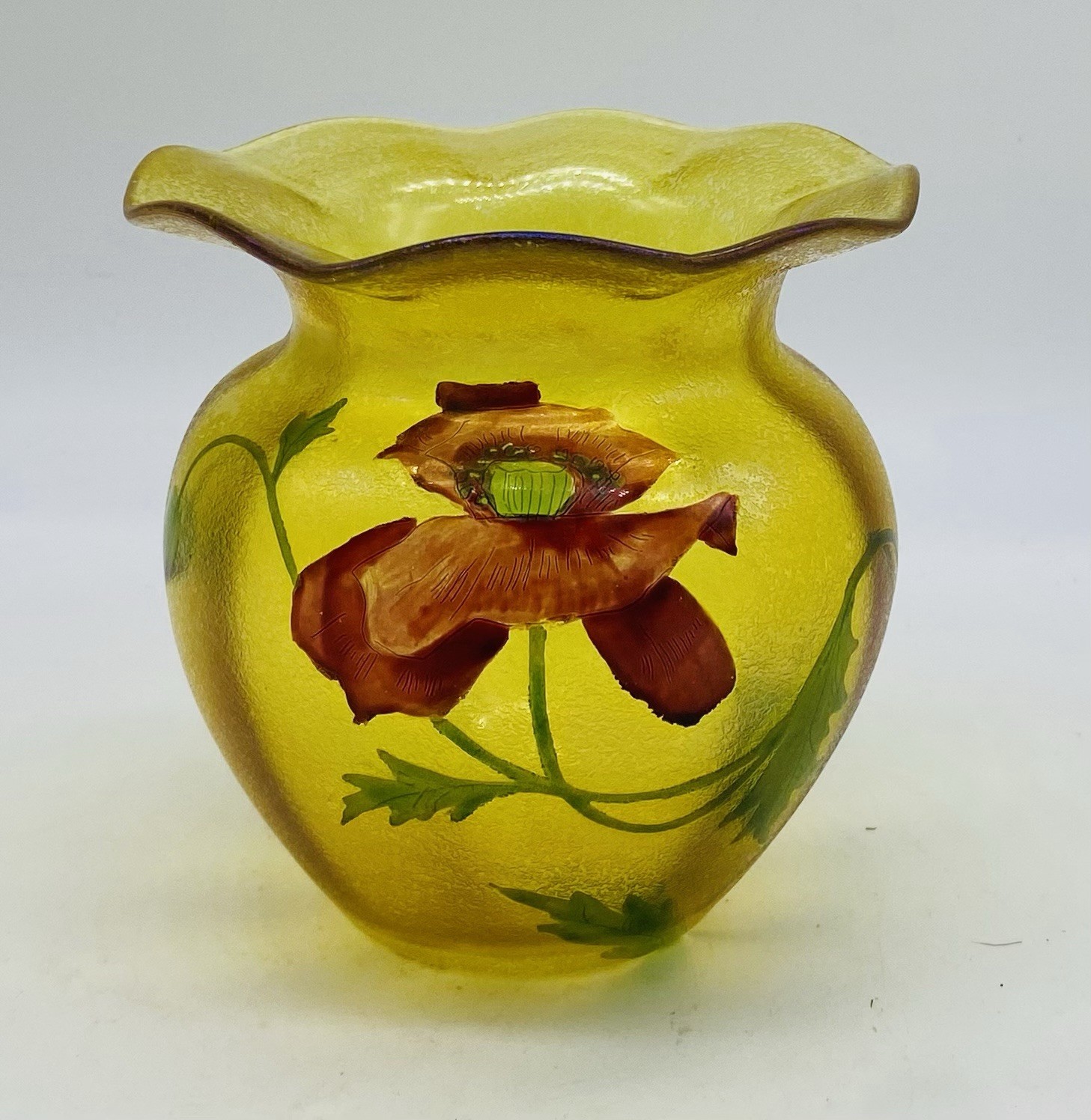 Art Nouveau FRENCH LEGRAS Yellow Acid Etched Vase Floral Enamel