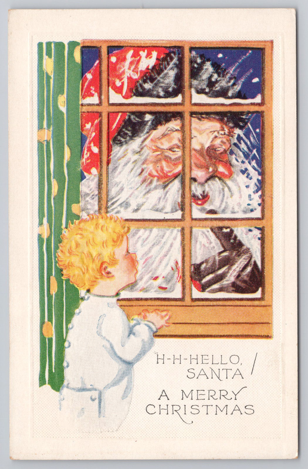 Postcard Christmas Embossed Santa and Boy Looking at Each Other Through a Window