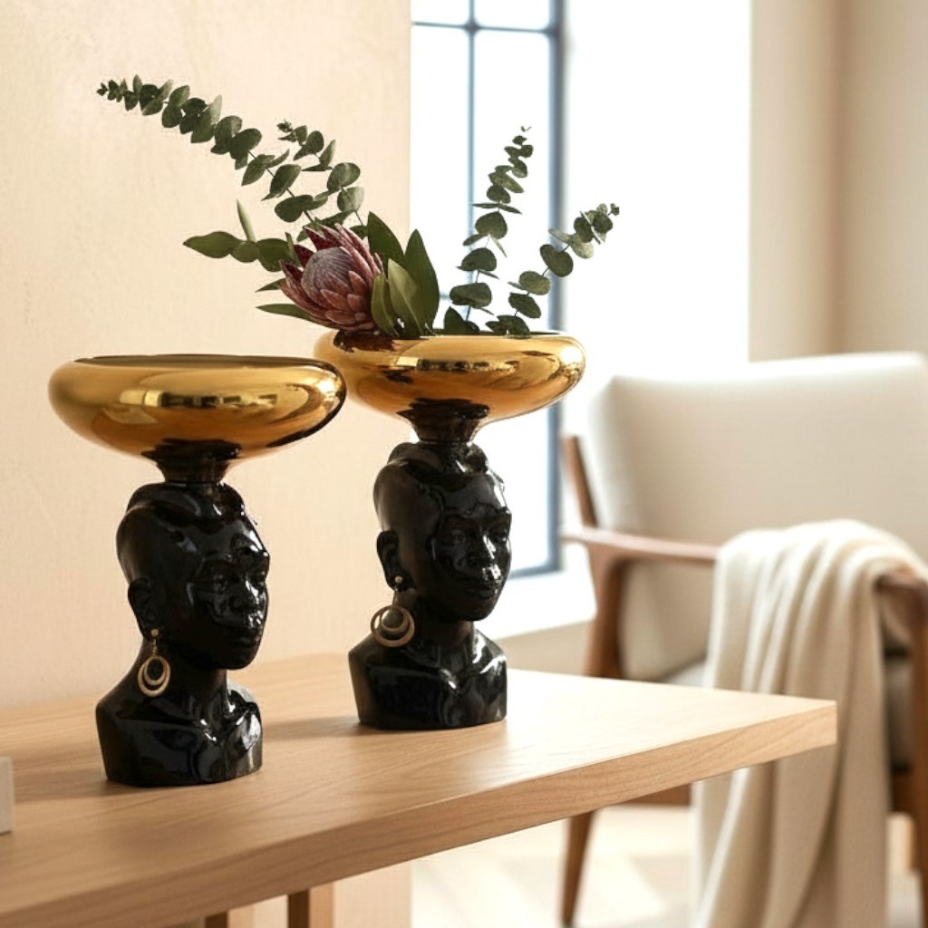 Pair of Vintage 1950s Nubian Princess Blackamoor Iconic Ceramic Head Vases