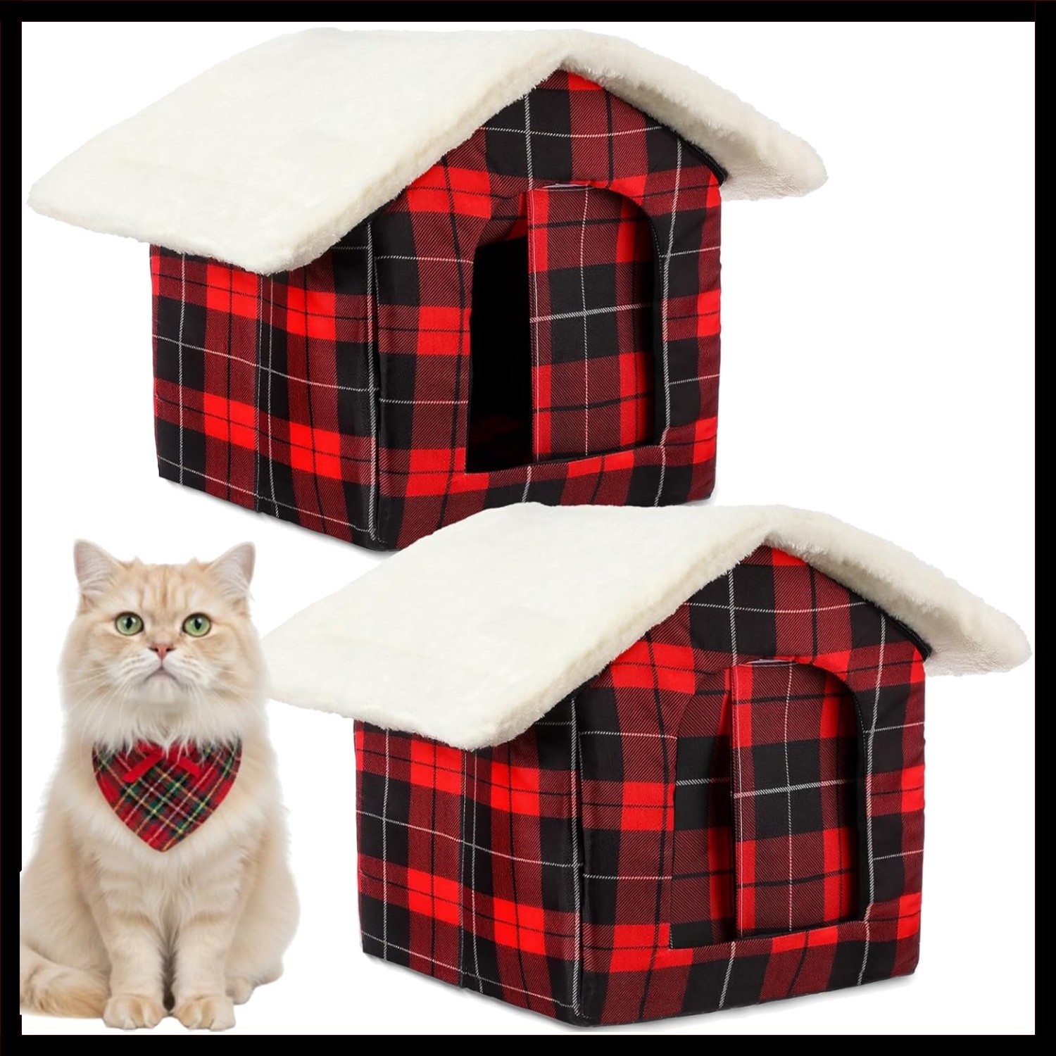 2 Pcs Christmas Cat House - Warm Waterproof Insulated Red Plaid Shelter