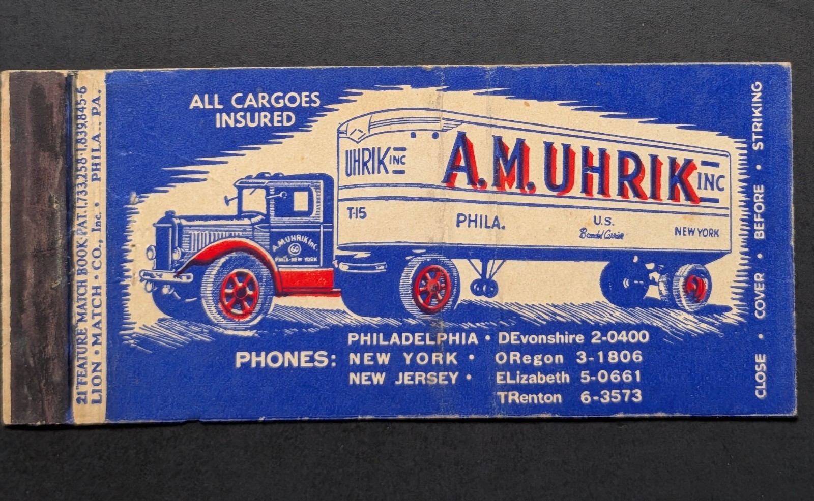 Vintage AM Uhrik Trucking Matchbook Cover