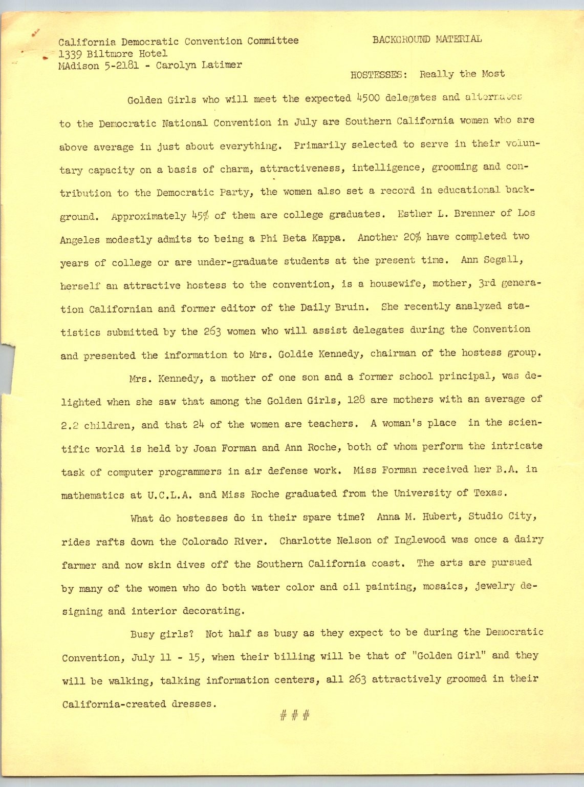 1960 Democratic National Convention Los Angeles Hostess Press Release Biltmore 1960 Democratic National Convention Los Angeles Hostess Press Release Biltmore
