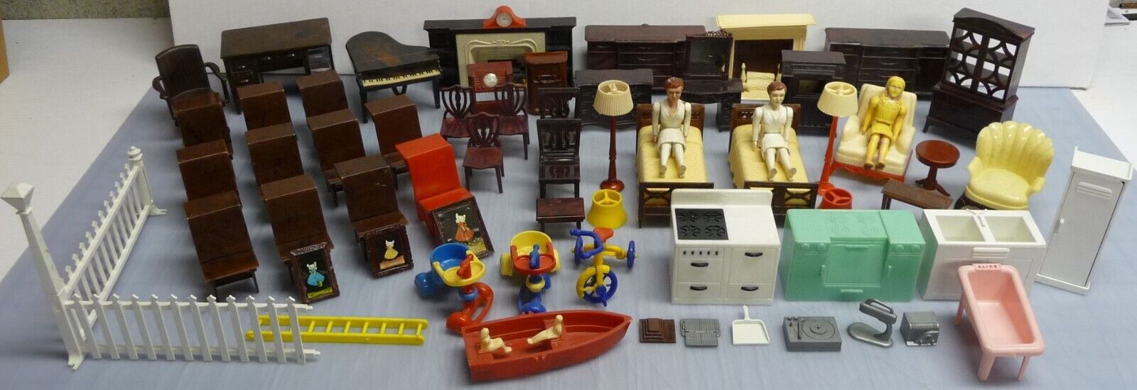 Lot of 60 Used Doll House Furniture Mostly Renwal - School Desks, Mantle Clock +
