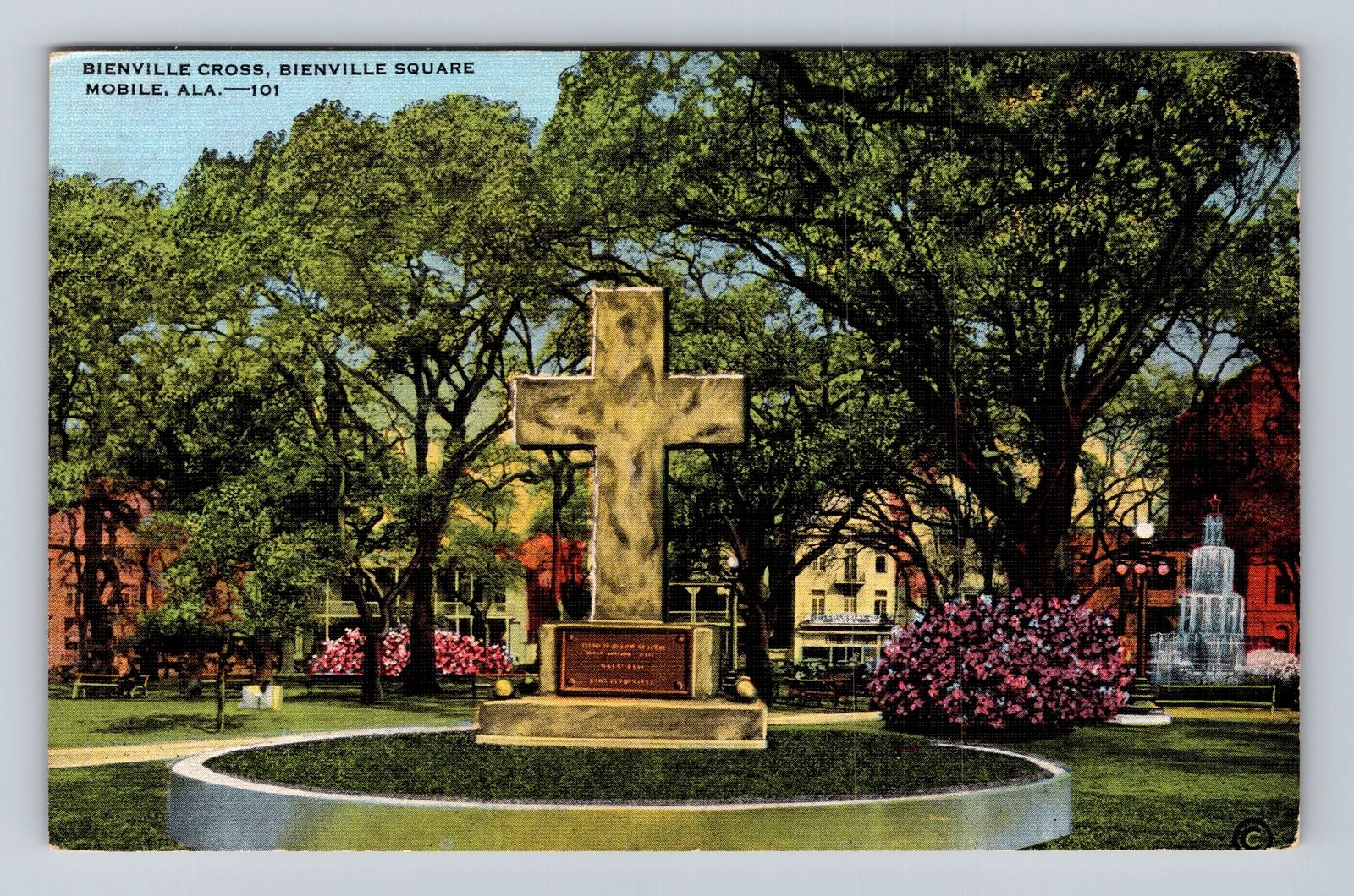 Mobile AL-Alabama, Bienville Cross, Bienville Square, Antique, Vintage Postcard