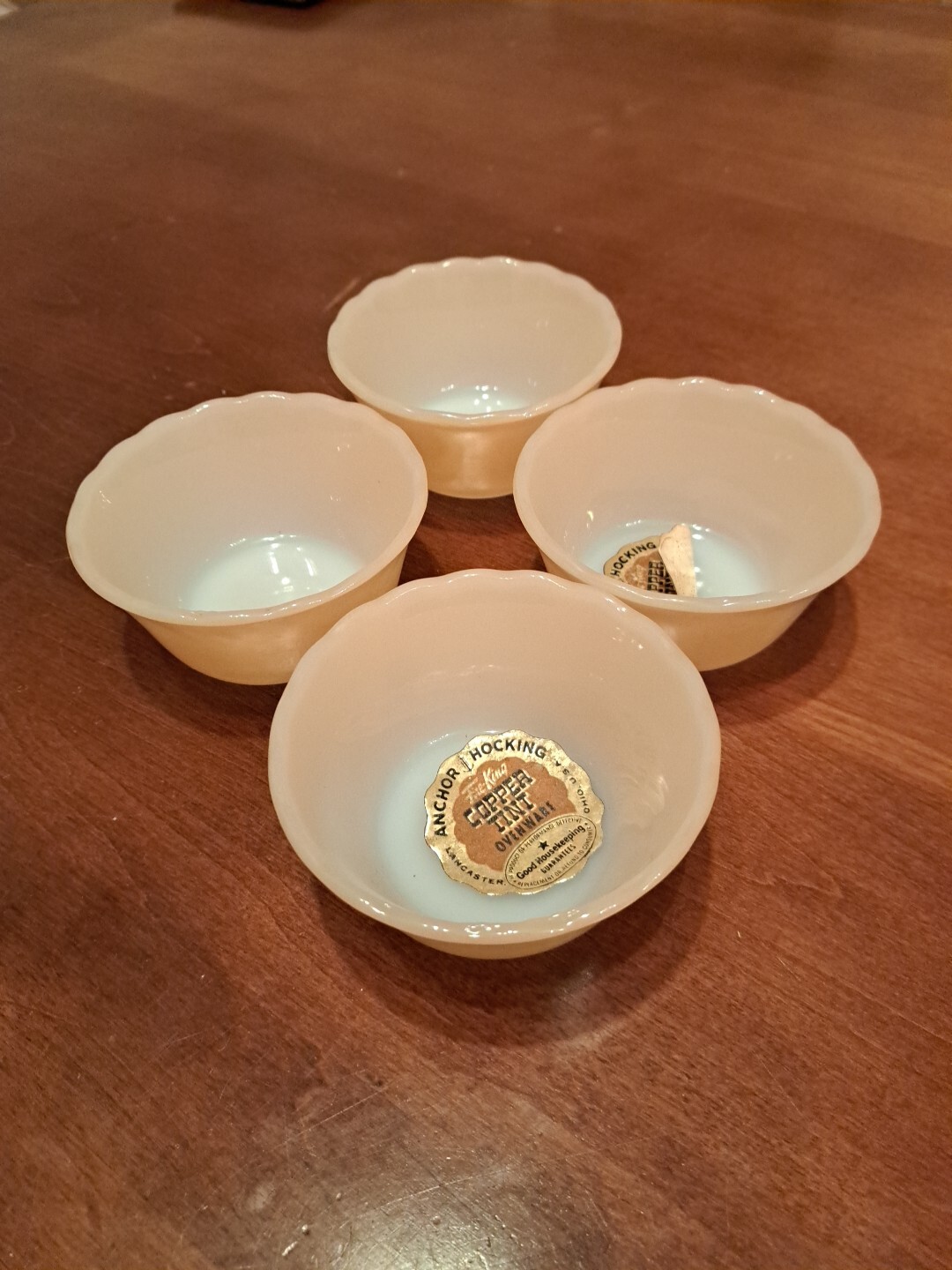 4 - Vintage Fire King Peach Lustre Luster 6 oz #424 Scallop Edge Custard Cups 4 - Vintage Fire King Peach Lustre Luster 6 oz #424 Scallop Edge Custard Cups