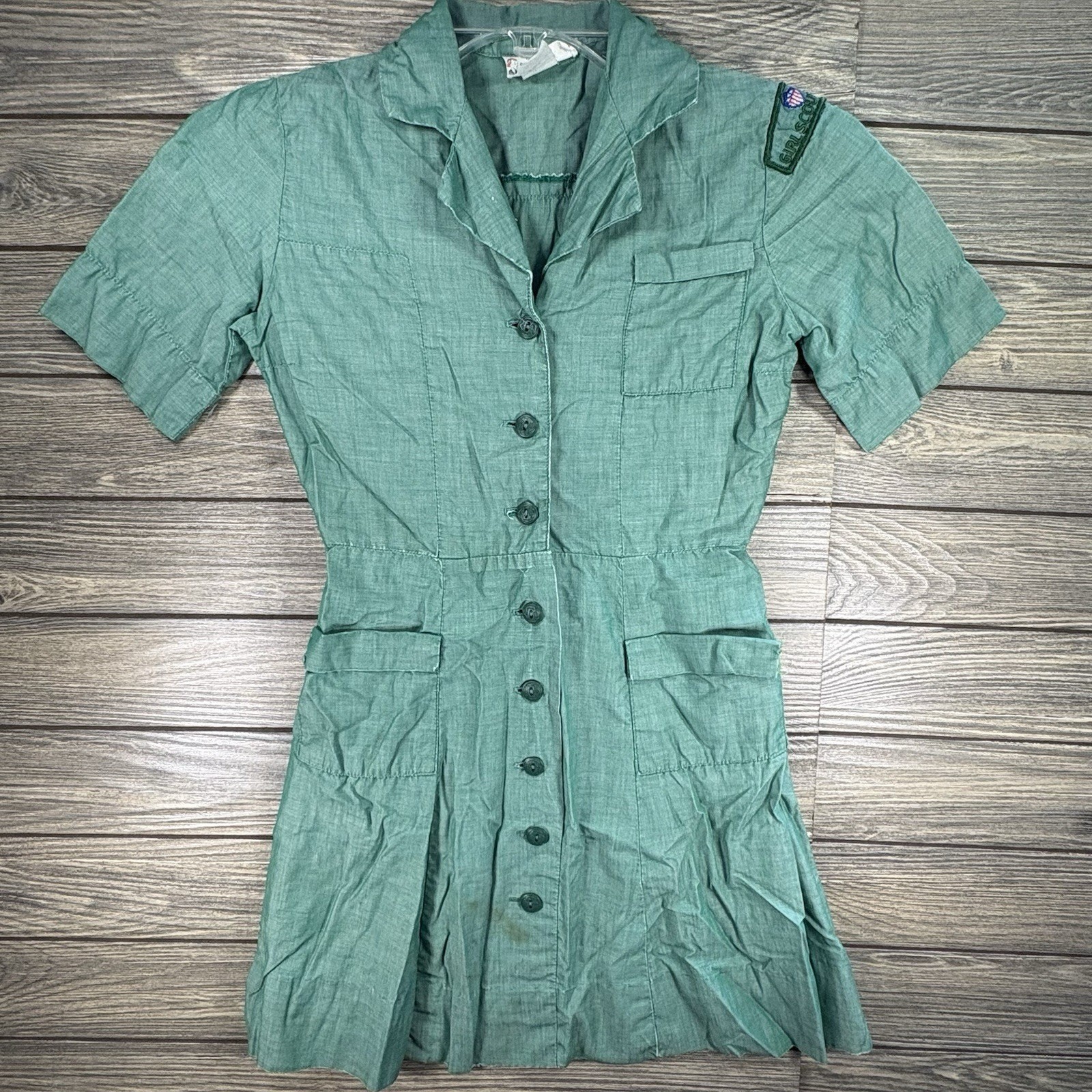 Vintage 50s Girl Scouts USA Green Uniform Short Sleeve Dress Size 7 Costume