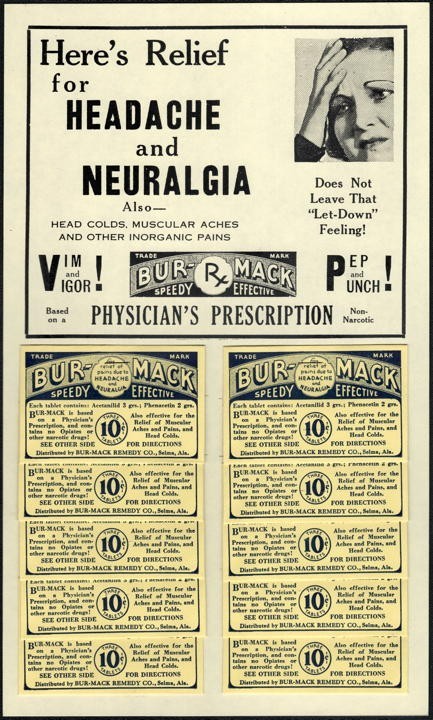 Vintage Cardboard Empty Bur-Mack Headache & Neuralgia Store Display - 1930s NOS