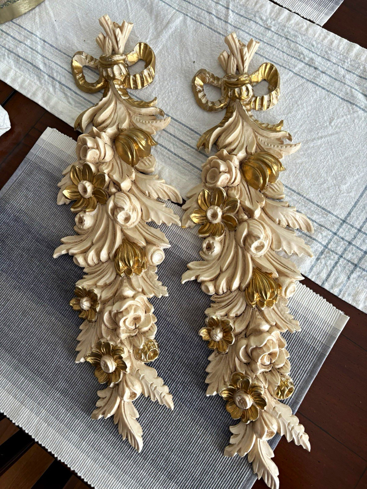 Pair of Vintage Italian Florentine Floral Swag Wall Plaques, Gold Gilt & Ivory