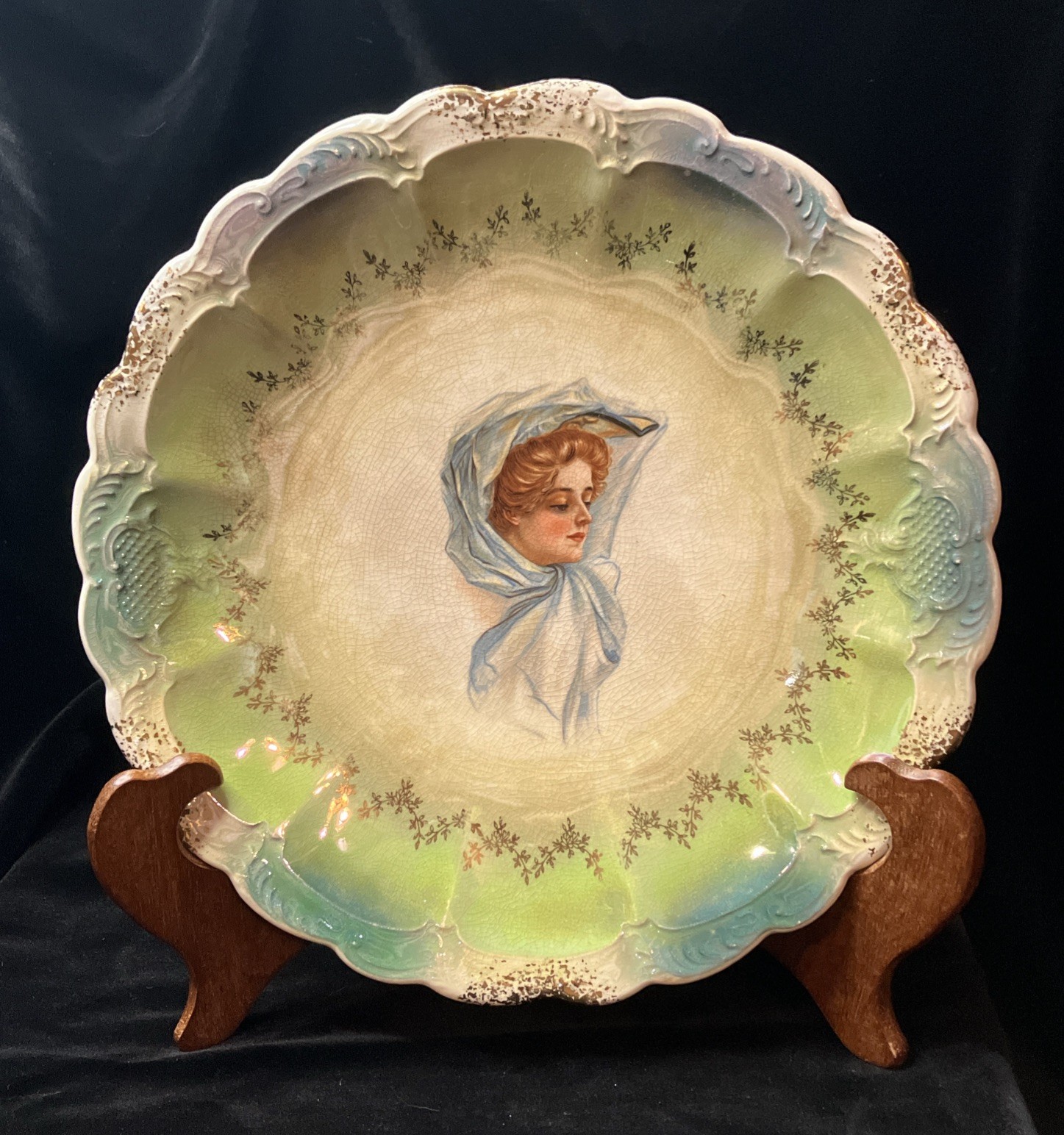 Limoges Antique Cabinet Plate American Girl Blue Veiling Scarf Flagg Gibson Rare