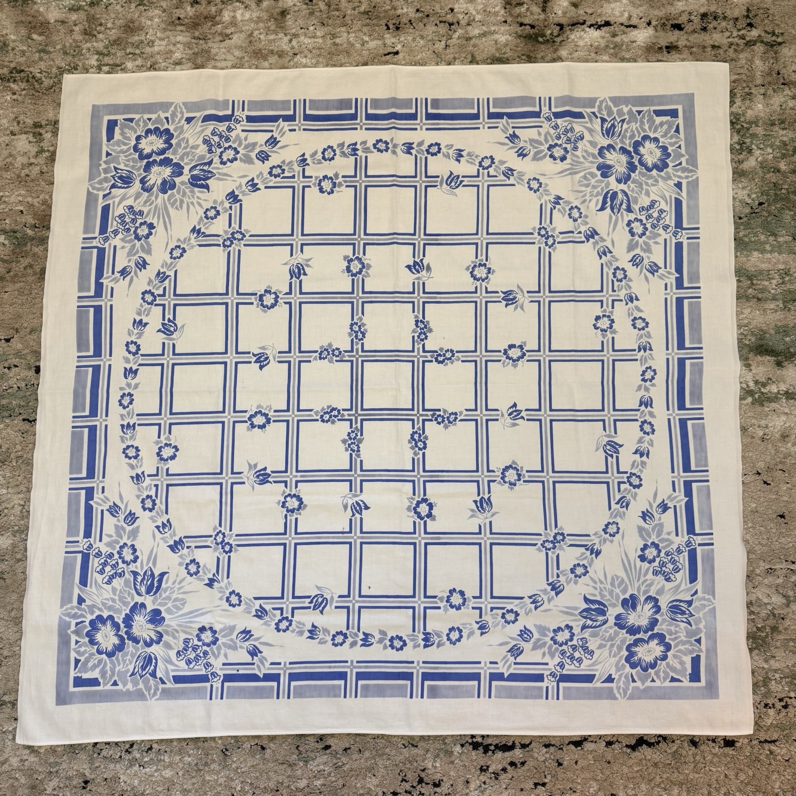 Vintage Cotton Tablecloth Blue and White Stripes Flowers Asian Feel 50” x 47”