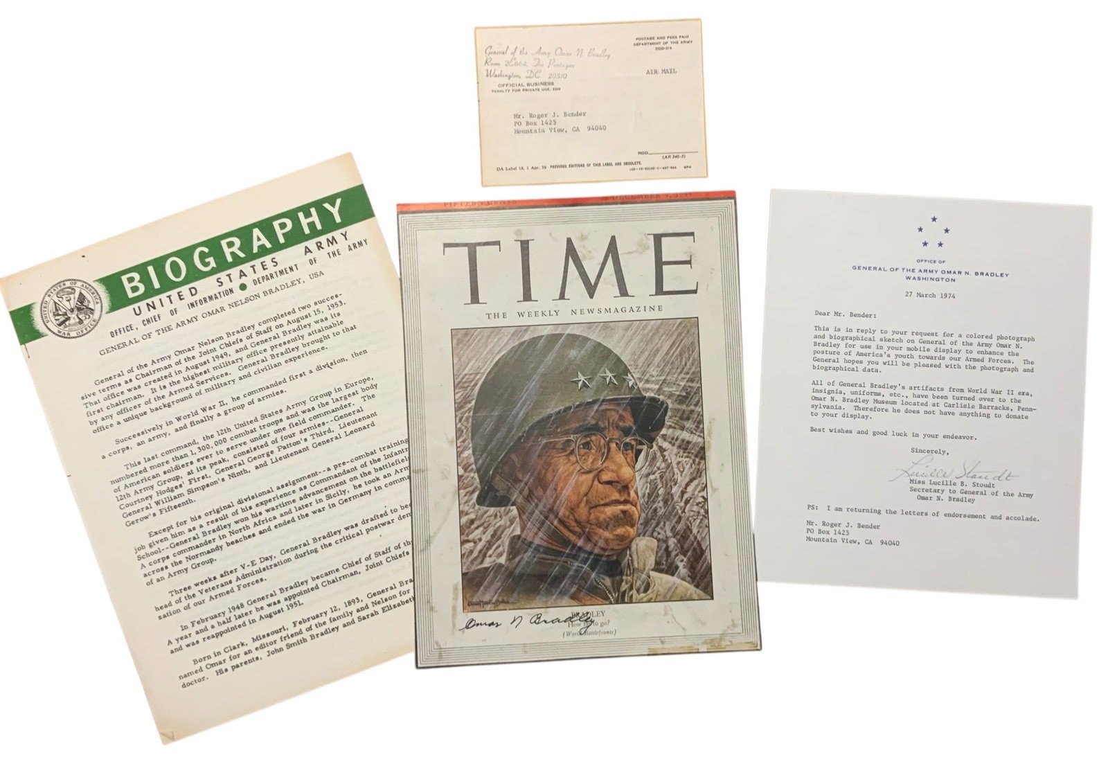 1944 Time Magazine Cover Army General Omar Bradley Signed Photo / Letter Lot