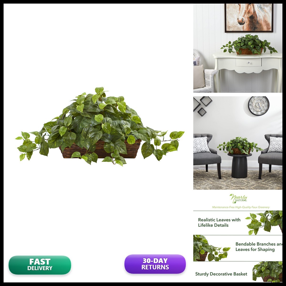 Nearly Natural 34 in Artificial Pothos Ivy Plant with Ledge Basket Nearly Natural 34 in Artificial Pothos Ivy Plant with Ledge Basket